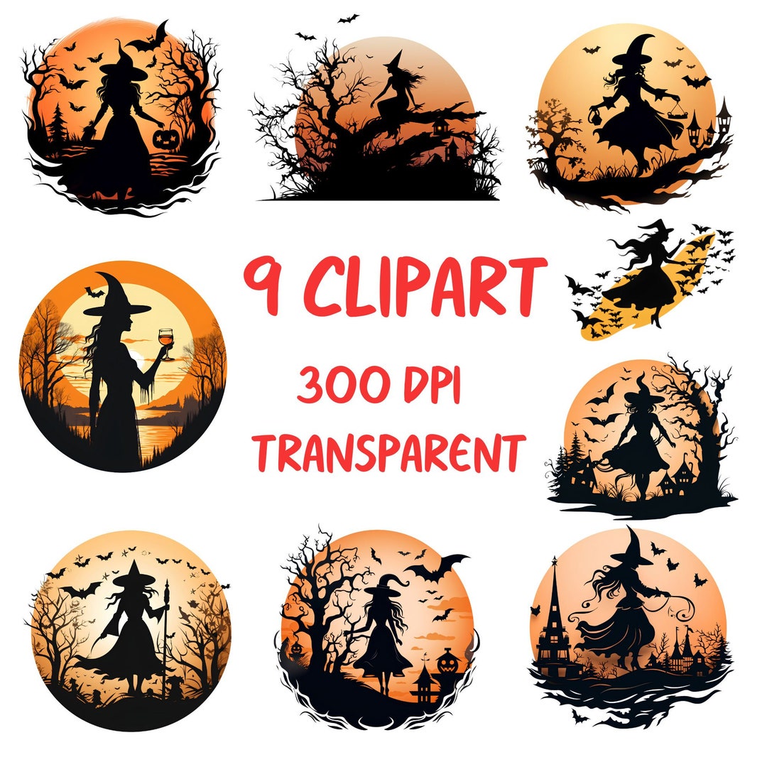 9 Witch Silhouette Clipart Witch Printables Halloween 5 Etsy