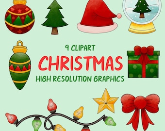 May include: Nine Christmas clip art graphics, including a red and green striped ornament, a green Christmas tree, a red Santa hat, a snow globe with a green Christmas tree inside, a green gift box with a red bow, a string of colorful Christmas lights, a gold star, and a red bow.