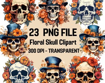Clipart de calavera floral: paquete de arte fantástico PNG (descarga digital)