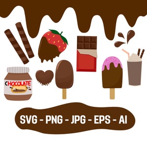 Puede incluir: Una colección de ilustraciones con temática de chocolate, que incluyen una barra de chocolate, una fresa cubierta de chocolate, un cono de helado de chocolate, un batido de chocolate, un tarro de crema de chocolate y un corazón de chocolate. Las ilustraciones están sobre un fondo marrón con gotas de chocolate.