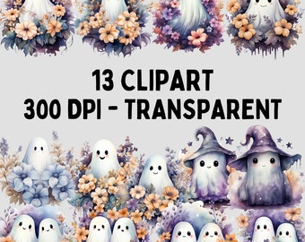 Halloween Ghost Floral Clipart: Watercolor PNG Bundle (Digital Download)