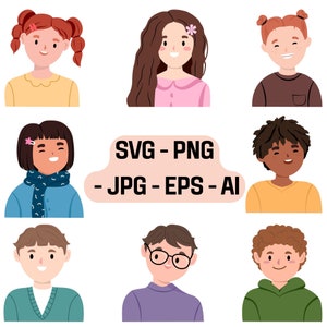 May include: A set of nine cartoon illustrations of children with different hairstyles and clothing. The illustrations are in a flat style and are perfect for use in digital products, such as stickers, clipart, and social media graphics.