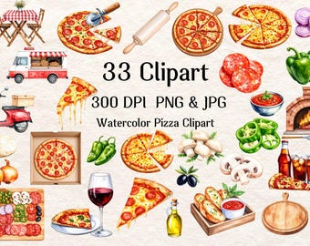Watercolor Pizza Clipart Set, PNG JPG, Commercial Use (Digital Download)