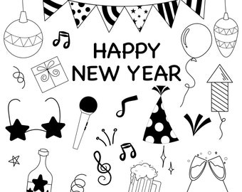 New Year Doodle Clipart: Party Icons (Digital Download)
