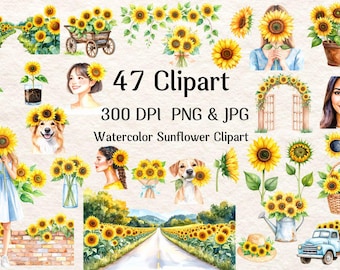 Watercolor Sunflower Clipart: 47 Floral Elements (PNG, JPG)