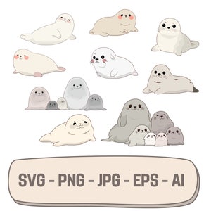 May include: A collection of cartoon seals in various poses and colors, including white, gray, and beige. The seals have smiling faces and are arranged in groups and individually. The image includes the text "SVG - PNG - JPG - EPS - AI".