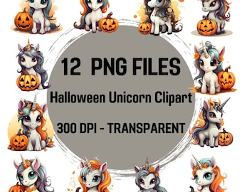 Könnte beinhalten: Zwölf digitale Clipart-Bilder von Halloween-Einhörnern mit Kürbissen. Die Einhörner sind weiß mit bunten Mähnen und Schwänzen. Die Kürbisse sind orange mit schwarzen Kürbisgesichtern. Der Text "12 PNG FILES Halloween Unicorn Clipart 300 DPI - TRANSPARENT" befindet sich in der Mitte des Bildes.