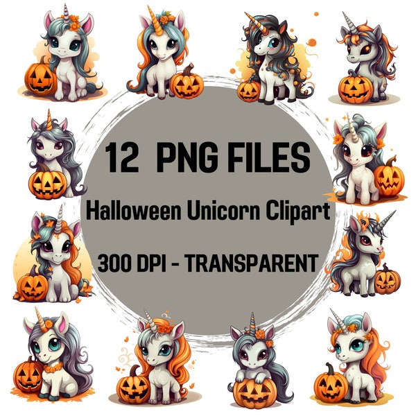 Unicorn Halloween Clipart Bundle 12 Files Transparent PNG, Without Background ,Commercial Use