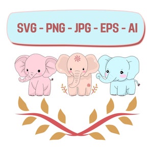 Elephant Cute cut file - Girl Shirt Bodysuit Kawaii Animal Vinyl Iron on Instant Download - Design Elements - PNG, JPG, SVG and Vector Files