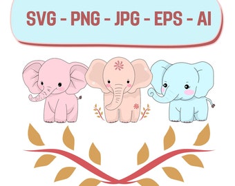 Cute Elephant Clipart – Kawaii Animal SVG, PNG, JPG (Digital Download)