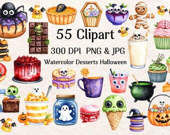 水彩画のハロウィンデザートのクリップアート：55 PNGとJPG、商用利用可（デジタルダウンロード