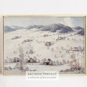 SZTUKA DO DRUKU | Malarstwo krajobrazowe Vintage Winter Village | Śnieżna wioska bożonarodzeniowa | Ciepły neutralny wystrój świąteczny