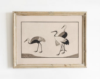 Grabado en madera de grullas japonesas vintage, obra de arte minimalista, arte mural de estilo bohemio chic. Imprimible digitalmente.