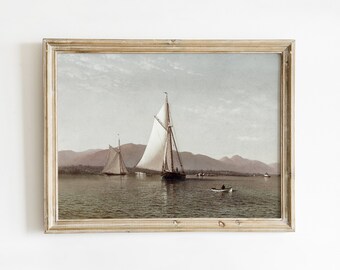 Sailboat Painting, Vintage Nautical Wall Art, Serene Coastal Seascape | DIGITAL PRINTABLE Artwork