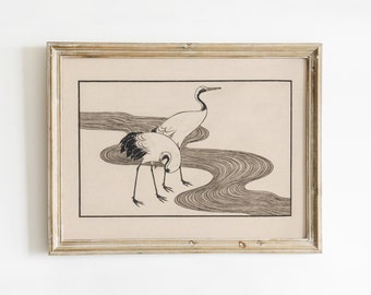 Grabado japonés vintage de dos grullas, obra gráfica minimalista, arte mural contemporáneo neutro / IMPRIMIBLE DIGITAL