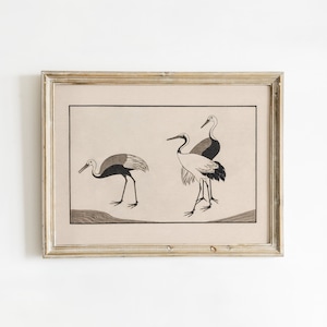 Impresión en madera de pájaros grúa japonesa vintage, obra de arte gráfica minimalista, arte de pared estilo Boho Chic / IMPRIMIBLE DIGITAL