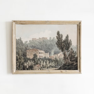 Antique Italian Landscape Painting, Rustic Countryside Watercolor, Warm Neutral Wall Decor | DIGITAL PRINTABLE