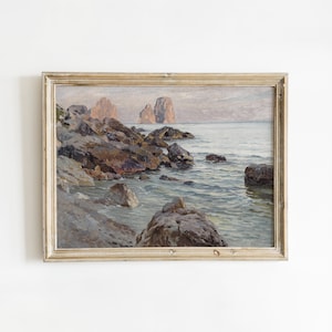 Vintage Coastline Painting, Rocky Seashore at Sunset, Seascape Wall Art | DIGITAL PRINTABLE