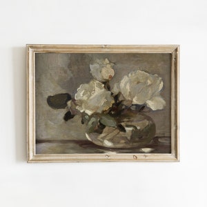 Vintage Floral Still Life of White Roses in Flower Vase, Sage Green Painting, French Countryside Aesthetic Artwork | DIGITAL PRINTABLE
