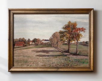 May include: A framed painting depicting a rural landscape with a red barn, white houses, and a row of trees in the distance. The trees are in shades of green, yellow, and orange, suggesting autumn. The painting is set against a cloudy sky.