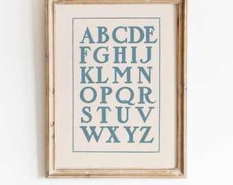 Alphabet Poster Print, Dusty Blue ABC Chart, Vintage Nursery Letter Artwork | DIGITAL PRINTABLE
