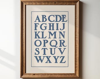 Alphabet Poster Print, Navy Blue ABC Chart, Vintage Nursery Letter Artwork | DIGITAL PRINTABLE