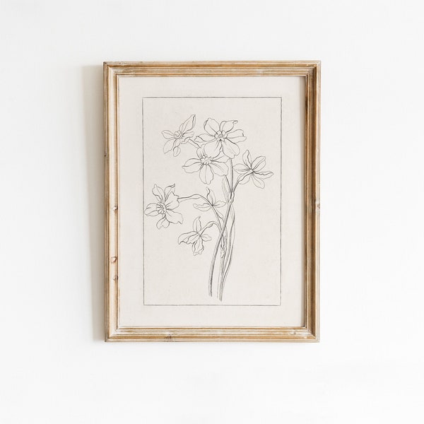 PRINTABLE ART | Vintage Botanical Drawing | Black & White Floral Art Print | Simple Flower Sketch | Neutral Wall Decor