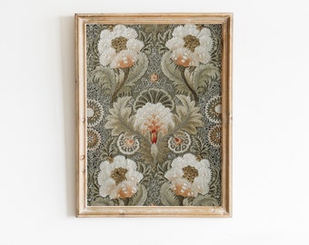 May include: Framed floral art print featuring a repeating pattern of large, stylized white and peach flowers with green and brown foliage. The artwork is set against a dark green background and framed in a light brown wooden frame.