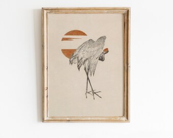 Obra de arte vintage de grulla japonesa con sol naciente, reproducción de xilografía ukiyo-e, regalo para amantes de las aves / IMPRIMIBLE DIGITAL