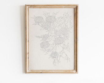 Vintage Hydrangea Drawing, Floral Minimalist Black & White Artwork, Simple Line Drawing, Light Academia Aesthetic | DIGITAL PRINTABLE