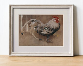 Cuadro vintage de gallo con cresta roja y plumaje esmeralda, encantadora obra de arte rural, decoración de cocina de granja / IMPRIMIBLE DIGITAL