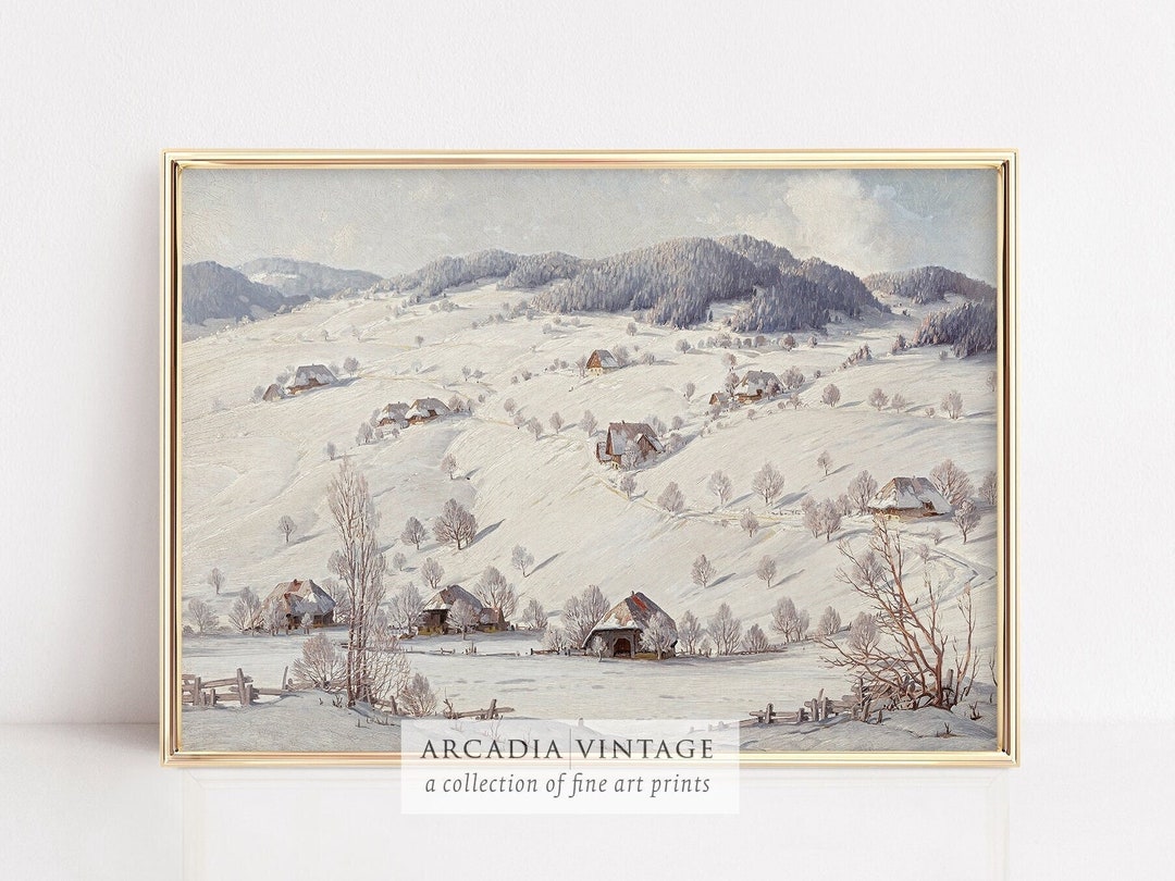 PRINTABLE ART | Vintage Winter Village Landscape Painting | Snowy ...