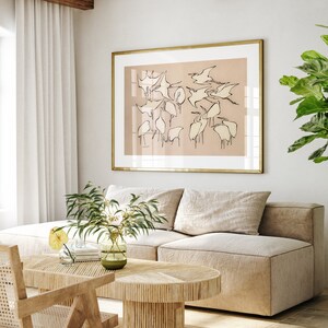 This vintage Japanese art print features a flock of egret birds rendered in bold, abstract brushstrokes, against an understated tan background.  A captivating addition to both traditional and modern interiors. Instantly download, print, and frame!