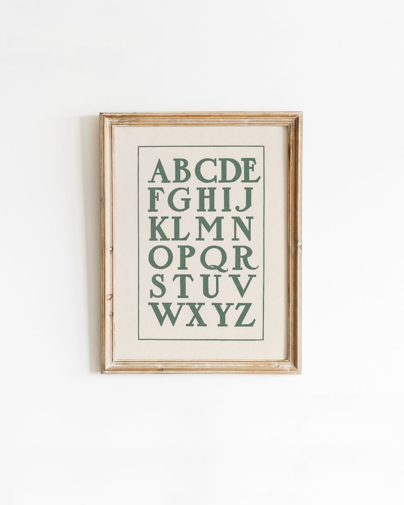 Charming vintage letter artwork featuring and hand drawn alphabet in prominent capitals. This beautiful sage green ABC poster print is perfect for nursery or playroom decor. Instantly download, print, and frame!