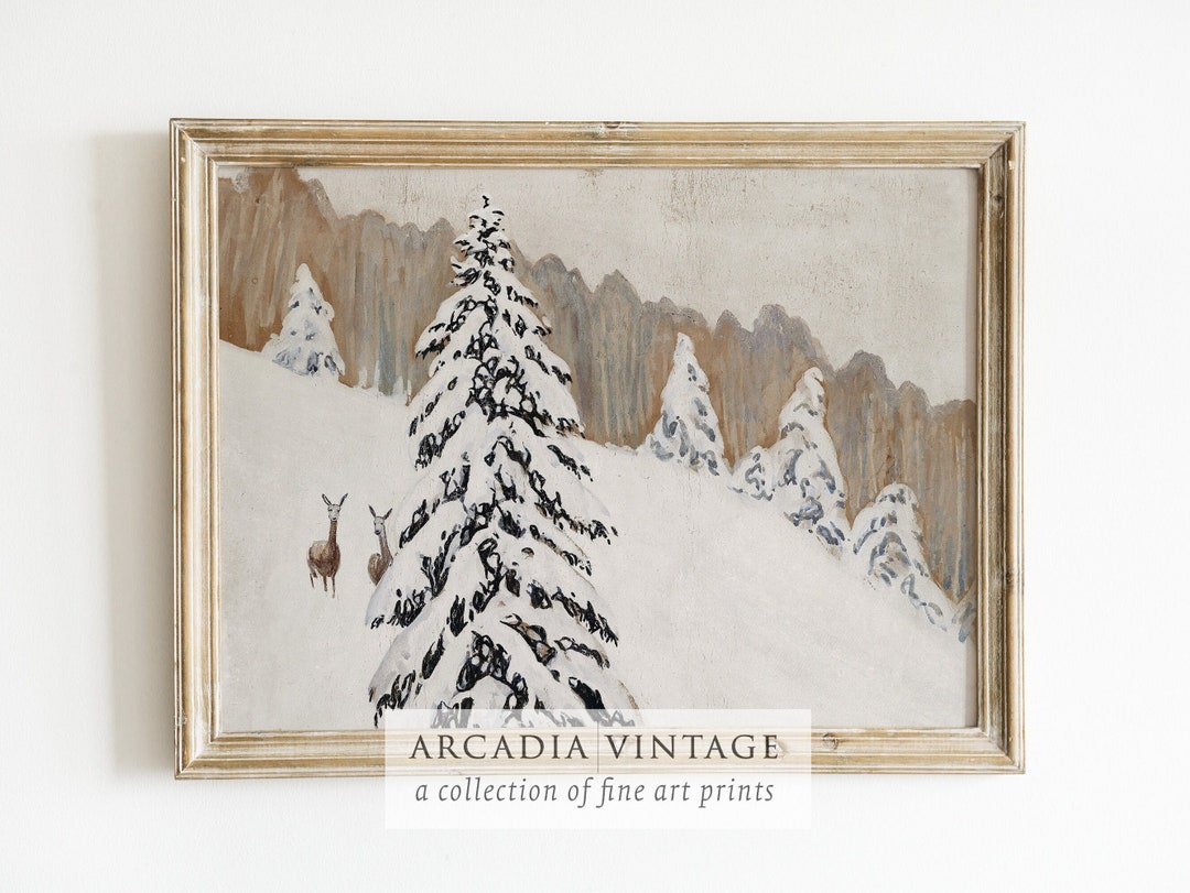 PRINTABLE ART | Vintage Winter Landscape With Deer | Country Christmas ...