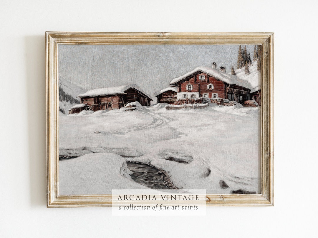 PRINTABLE Winter Landscape Painting | Snowy Cabin in Mountains | Rustic ...