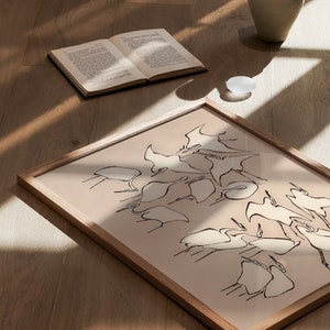 This vintage Japanese art print features a flock of egret birds rendered in bold, abstract brushstrokes, against an understated tan background.  A captivating addition to both traditional and modern interiors. Instantly download, print, and frame!