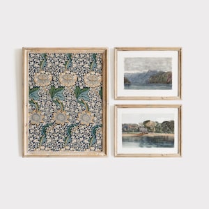 Vintage Gallery SET of 3 Calming Artworks in Blue & Gold, Serene Watercolor Landscape Paintings and Chic Floral Textile | DIGITAL PRINTABLE
