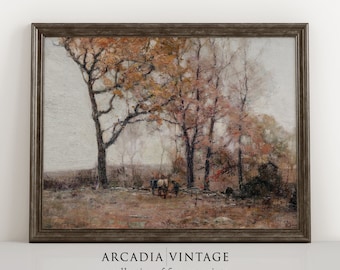 May include: A vintage painting of a forest scene with trees in autumn colors. The trees are in the foreground and there are figures in the distance. The painting is framed in a dark wood frame.