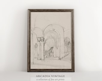 ヴィンテージ建築スケッチ印刷可能、鉛筆画の噴水中庭、白黒建築アート