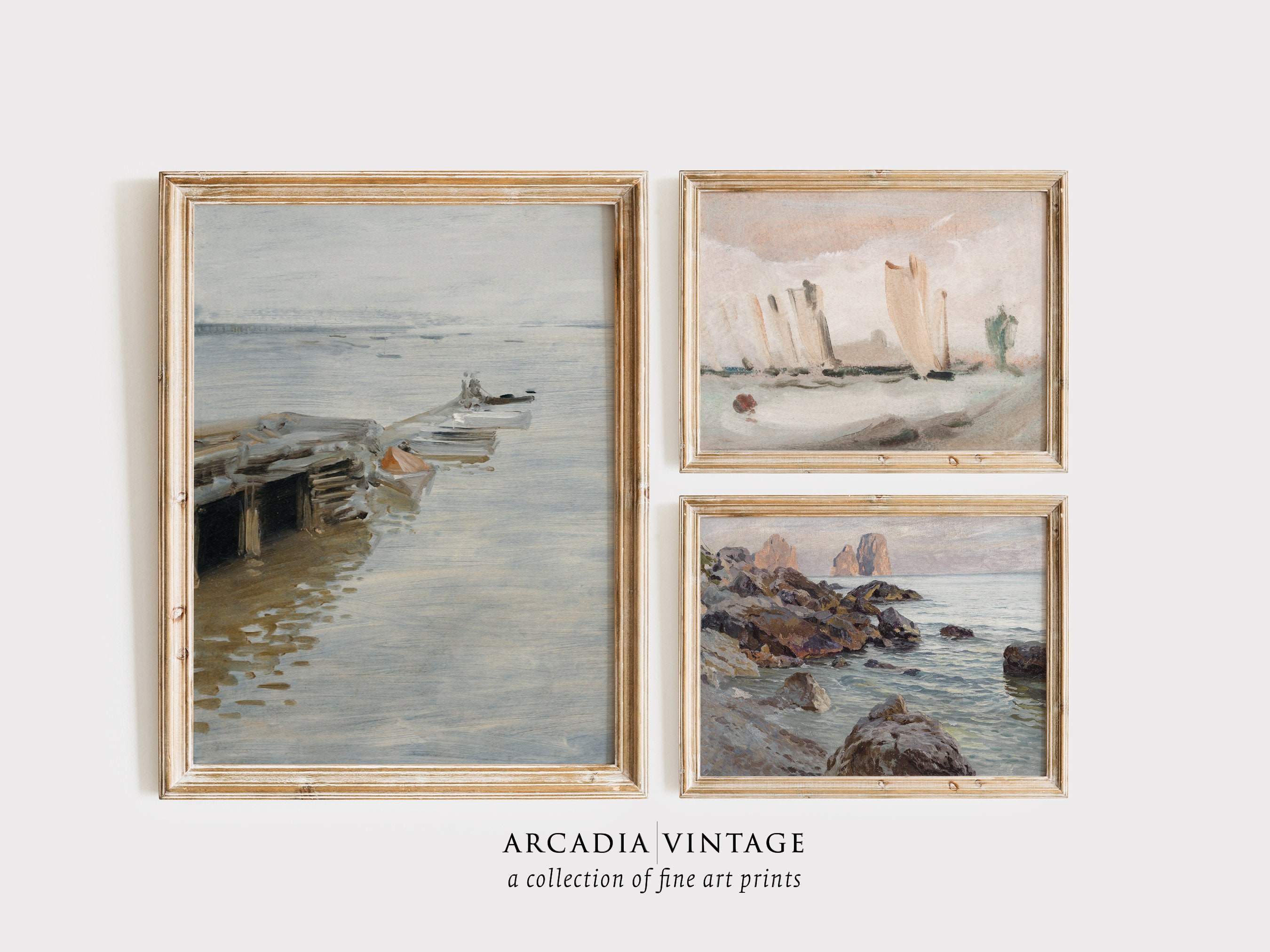Vintage Coastal Art Print Gallery SET Seascape Paintings Abstract