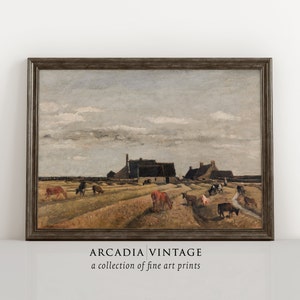 Vintage Farmhouse Landscape Painting | Scenic Countryside Wall Art | Grazing Cows & Big Sky | DIGITAL PRINTABLE