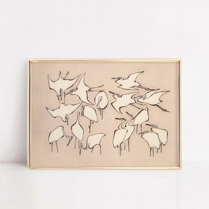This vintage Japanese art print features a flock of egret birds rendered in bold, abstract brushstrokes, against an understated tan background.  A captivating addition to both traditional and modern interiors. Instantly download, print, and frame!