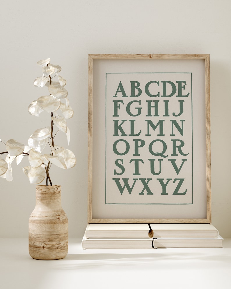 Charming vintage letter artwork featuring and hand drawn alphabet in prominent capitals. This beautiful sage green ABC poster print is perfect for nursery or playroom decor. Instantly download, print, and frame!