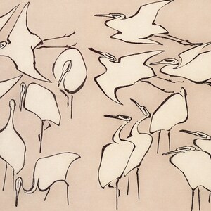 This vintage Japanese art print features a flock of egret birds rendered in bold, abstract brushstrokes, against an understated tan background.  A captivating addition to both traditional and modern interiors. Instantly download, print, and frame!