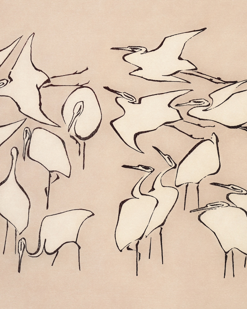 This vintage Japanese art print features a flock of egret birds rendered in bold, abstract brushstrokes, against an understated tan background.  A captivating addition to both traditional and modern interiors. Instantly download, print, and frame!