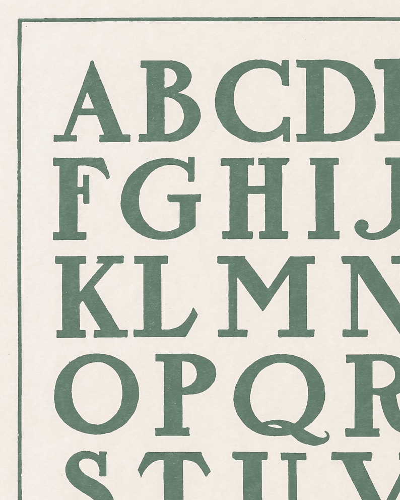 Charming vintage letter artwork featuring and hand drawn alphabet in prominent capitals. This beautiful sage green ABC poster print is perfect for nursery or playroom decor. Instantly download, print, and frame!