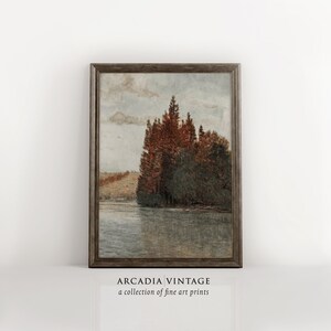 Antique Fall Landscape Painting | Lake & Pine Trees Autumn Art Print | DIGITAL PRINTABLE