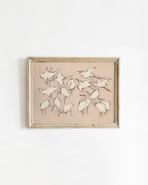 Vintage Japanese Ink Drawing of Egret Birds, Simple Abstract Artwork, Neutral Minimalist Print | DIGITAL PRINTABLE