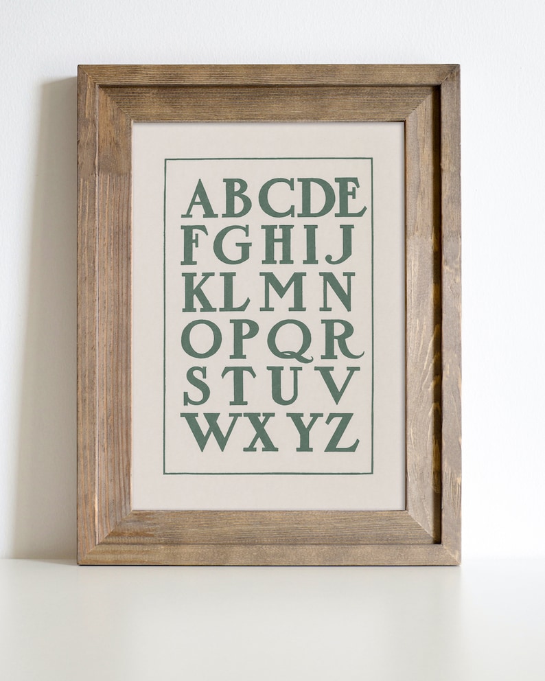 Charming vintage letter artwork featuring and hand drawn alphabet in prominent capitals. This beautiful sage green ABC poster print is perfect for nursery or playroom decor. Instantly download, print, and frame!